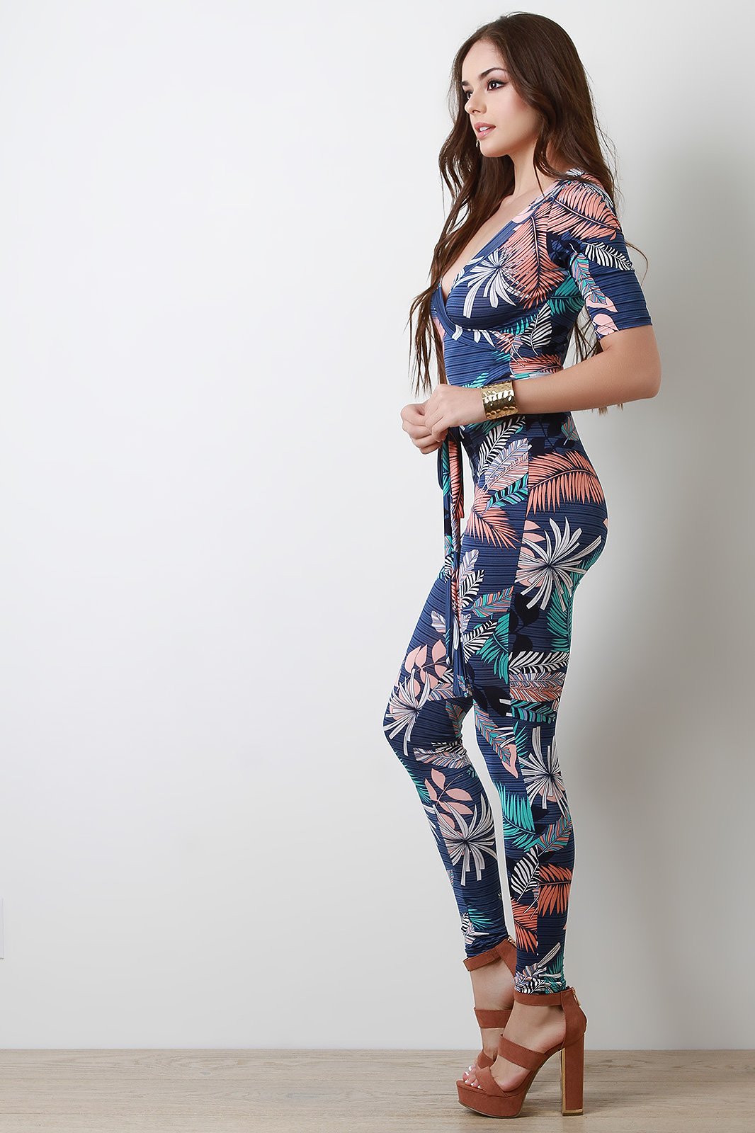 Tropical Palm Print Striped Surplice Fitted Jumpsuit