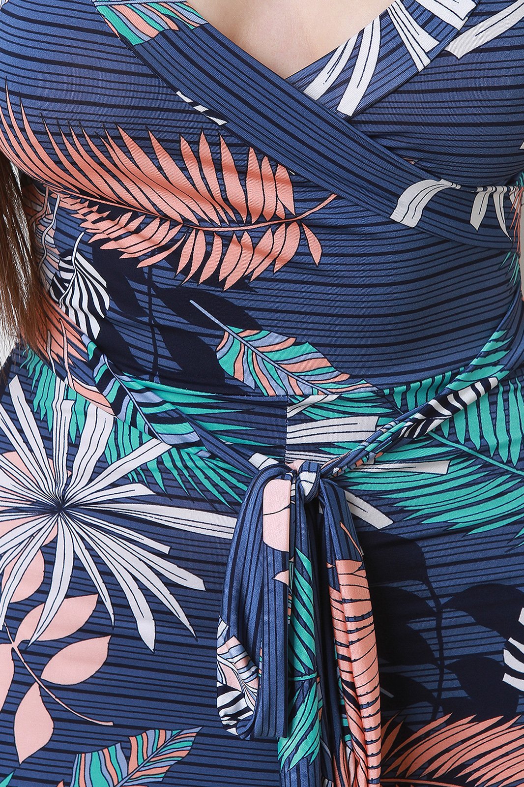 Tropical Palm Print Striped Surplice Fitted Jumpsuit