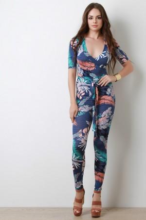 Tropical Palm Print Striped Surplice Fitted Jumpsuit