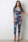 Tropical Palm Print Striped Surplice Fitted Jumpsuit