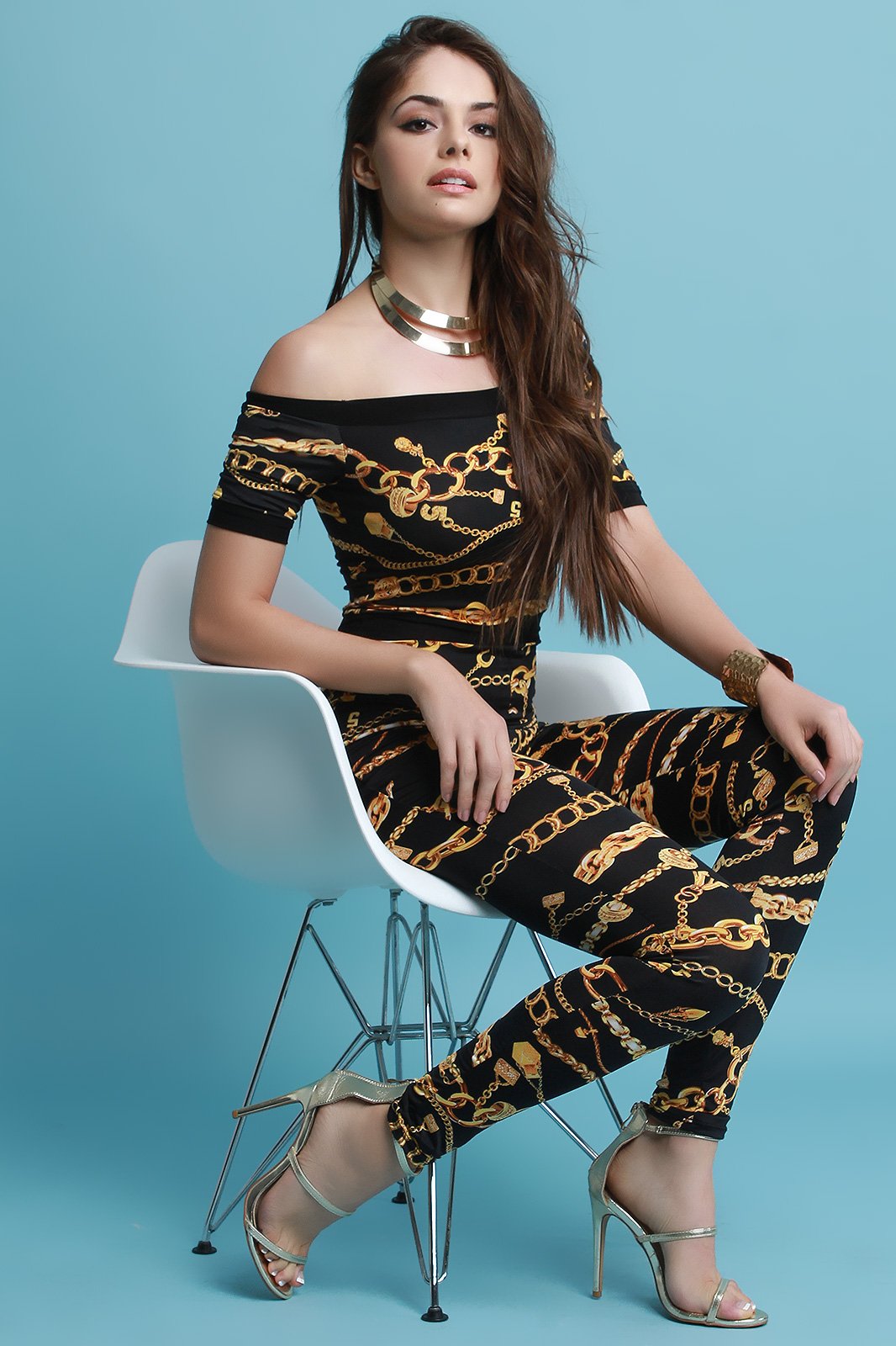 Chain Print Off The Shoulder Fitted Jumpsuit