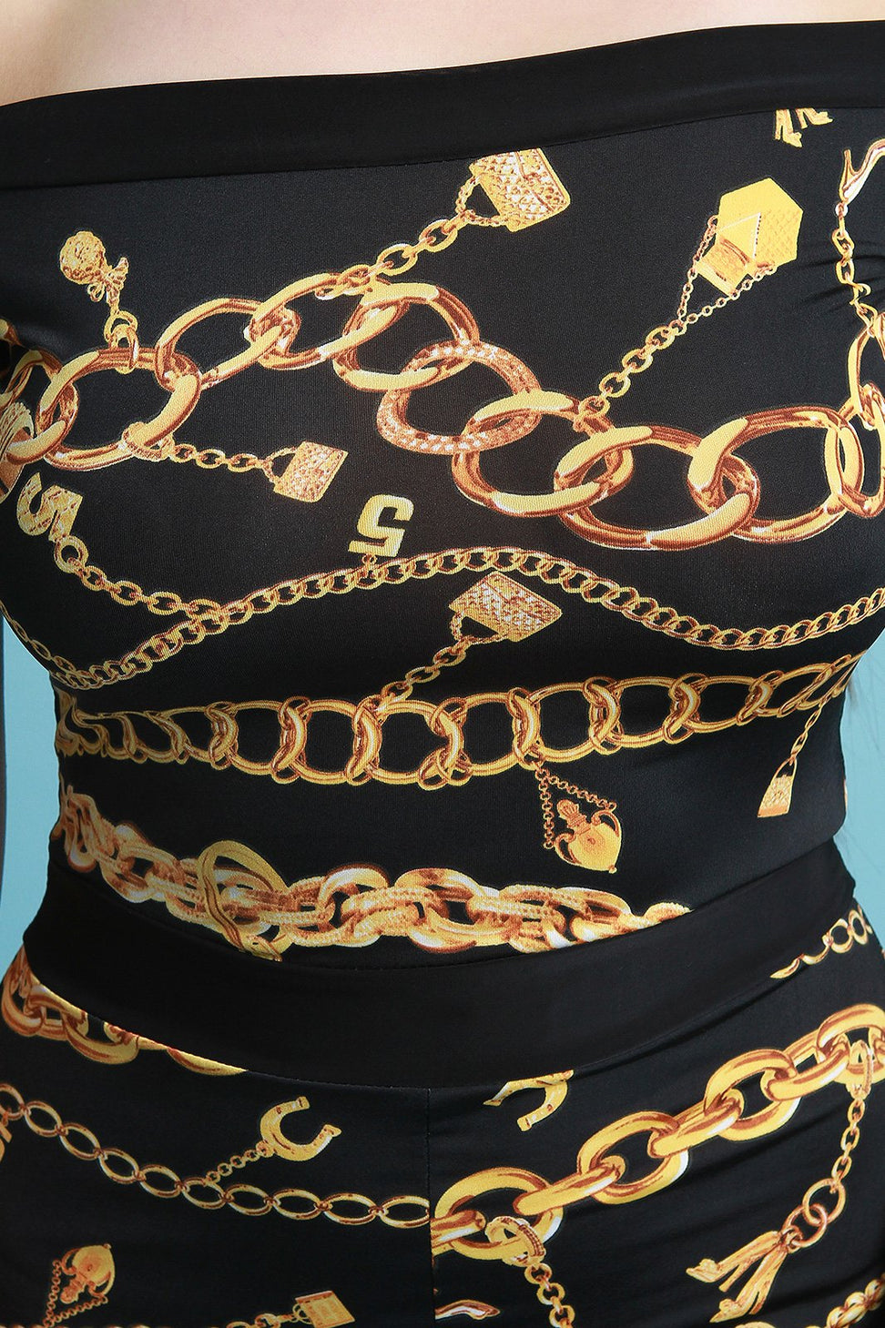 Chain Print Off The Shoulder Fitted Jumpsuit