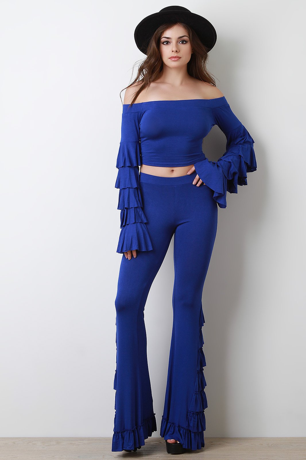 Tiered Ruffle Statement Sleeve Top With High Waisted Pants Set