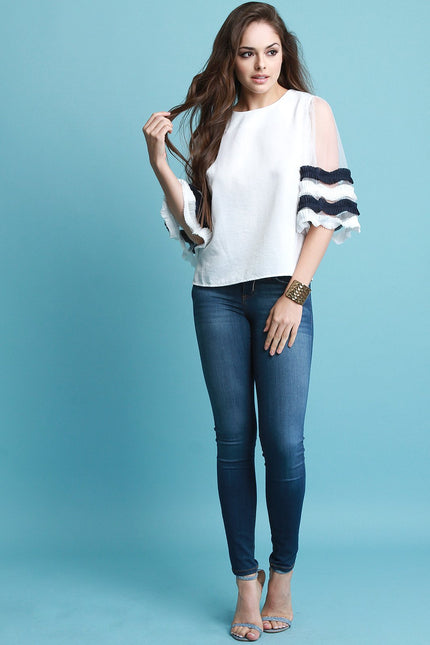 Pleated Trim Tulle Bell Statement Sleeve Top