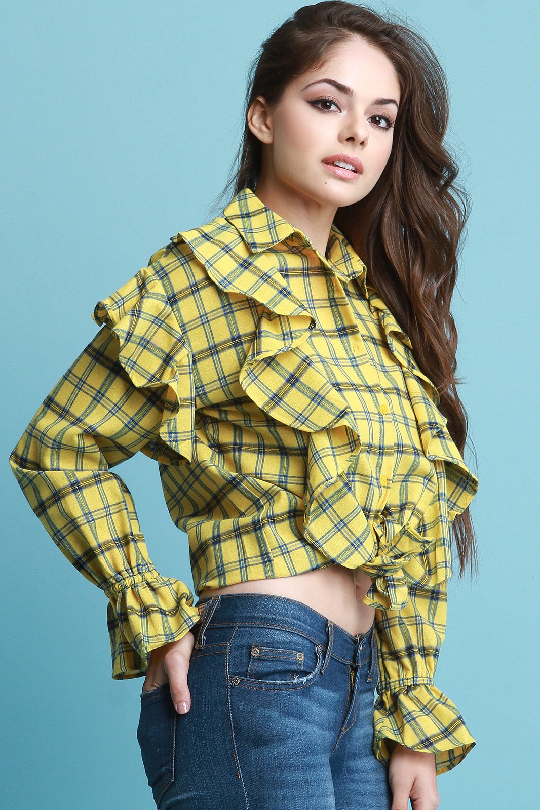 Princess Ruffle Seam Statement Sleeve Plaid Button Up Top