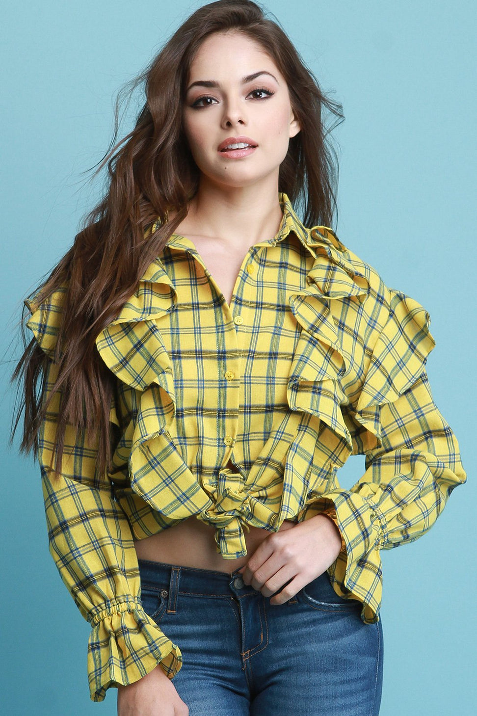 Princess Ruffle Seam Statement Sleeve Plaid Button Up Top