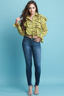 Princess Ruffle Seam Statement Sleeve Plaid Button Up Top