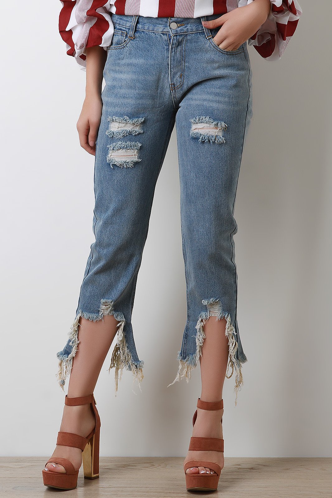 Distress Bottom Hem Denim Jeans - NoveltyOne
