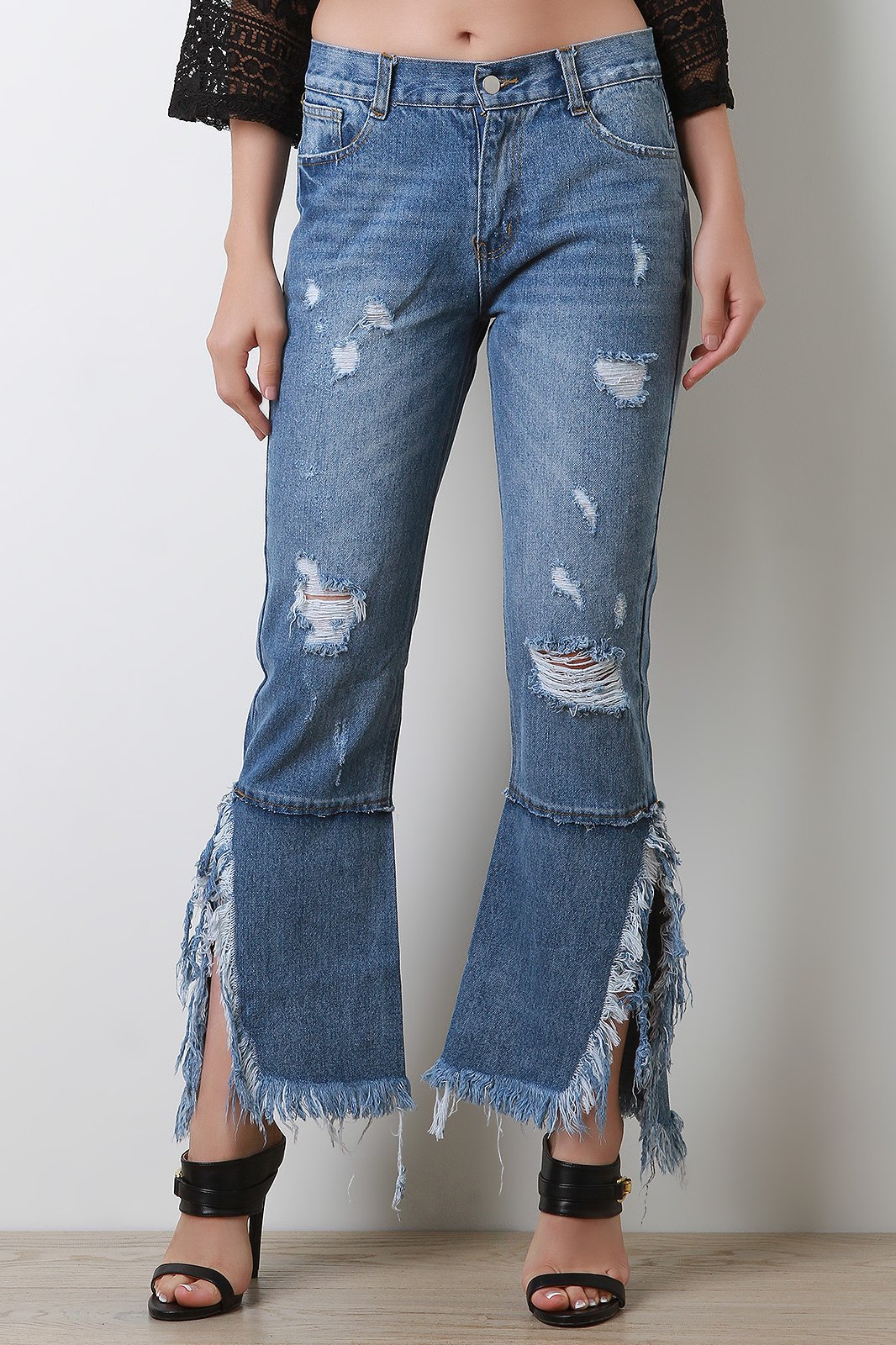 Distress Frayed Bell Bottom Denim Jeans - NoveltyOne
