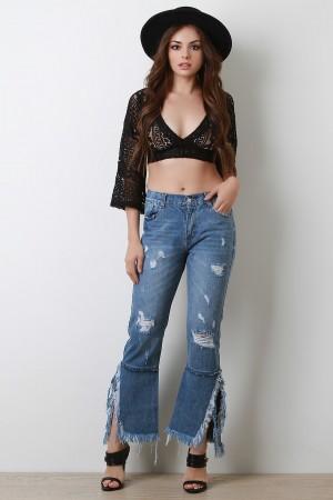 Distress Frayed Bell Bottom Denim Jeans - NoveltyOne