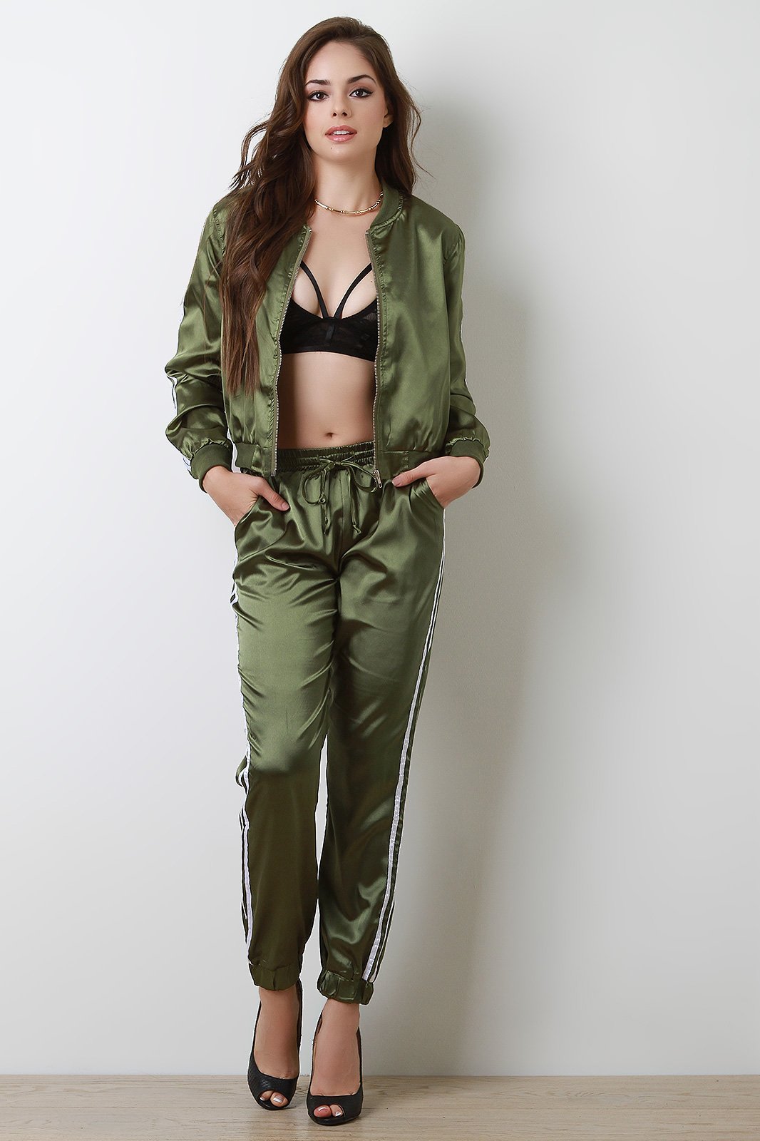 Satin Double Side Stripes Track Suit Set