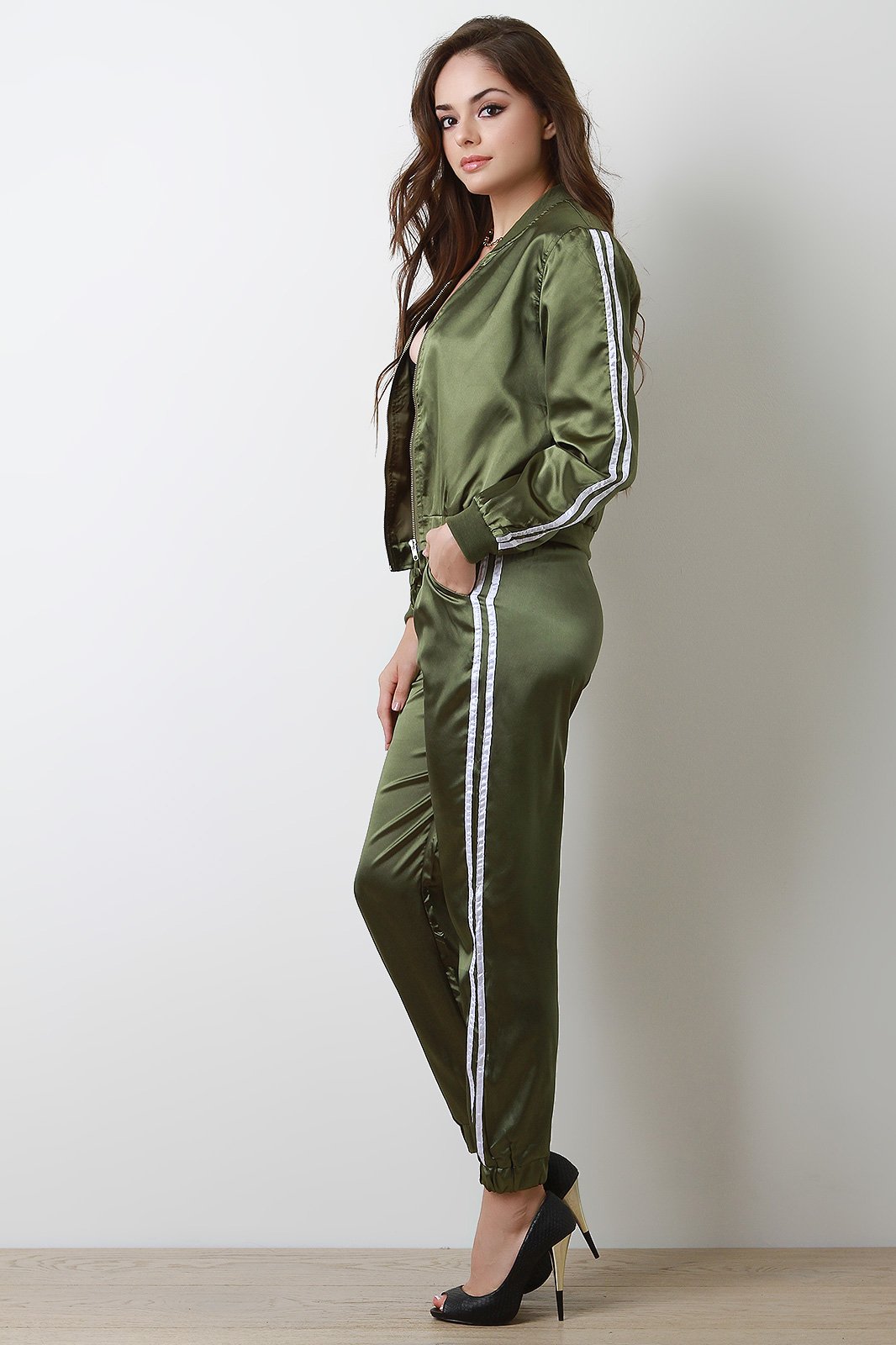 Satin Double Side Stripes Track Suit Set