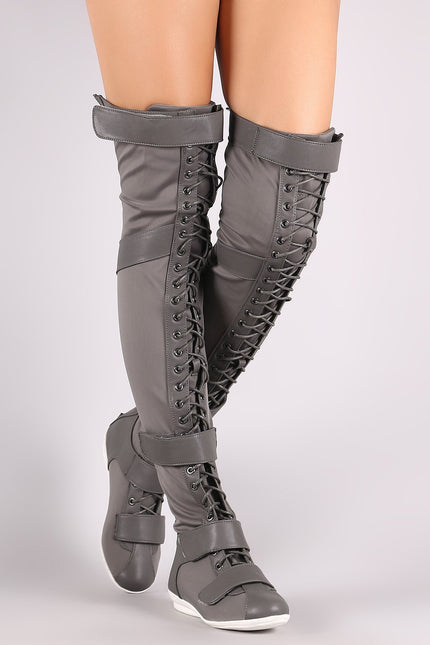 Liliana Hook And Loop Lace Up Strappy Over-The-Knee Flat Boots