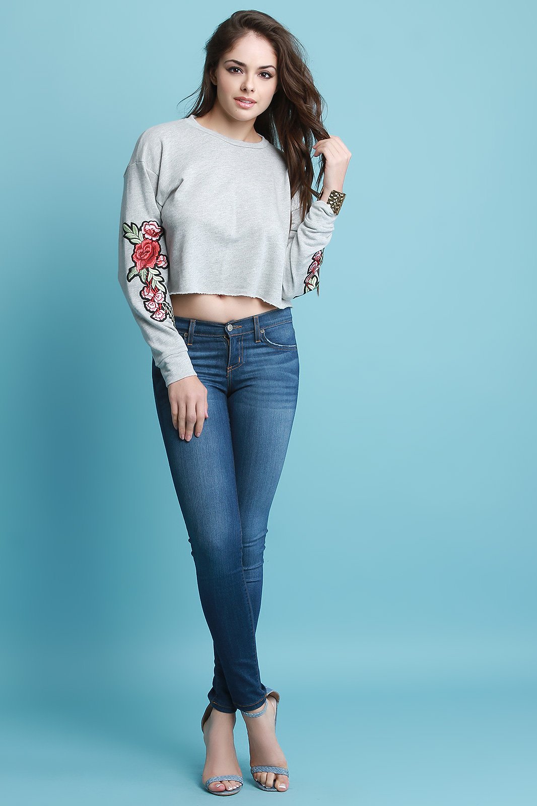Embroidered Floral Long Sleeves Crop Sweatshirt