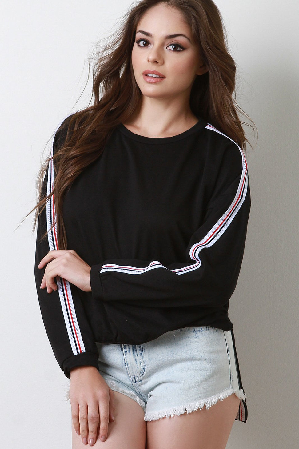 Sporty Striped Sleeves High Low Sweatshirt