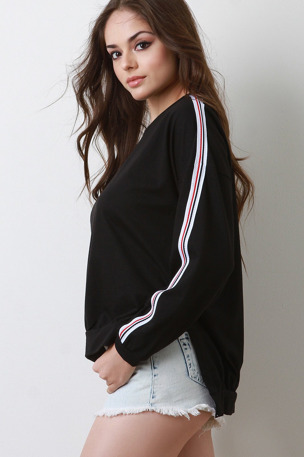 Sporty Striped Sleeves High Low Sweatshirt