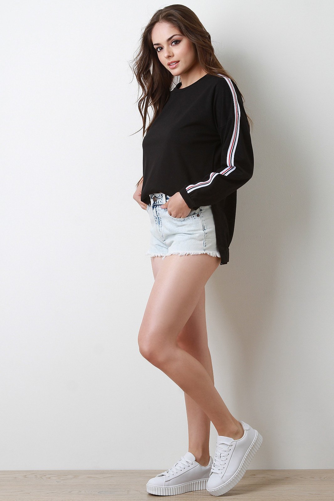 Sporty Striped Sleeves High Low Sweatshirt
