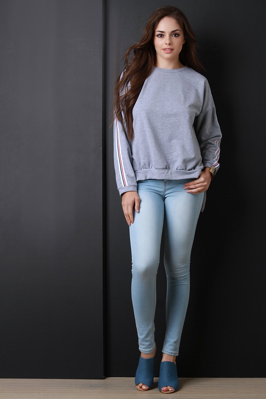 Sporty Striped Sleeves High Low Sweatshirt