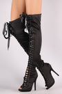 Liliana Satin Peep Toe Lace Up Over-The-Knee Boots - NoveltyOne