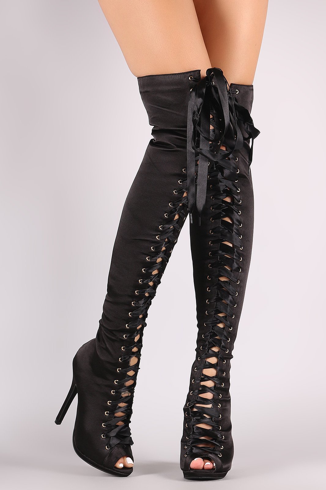 Liliana Satin Peep Toe Lace Up Over-The-Knee Boots - NoveltyOne