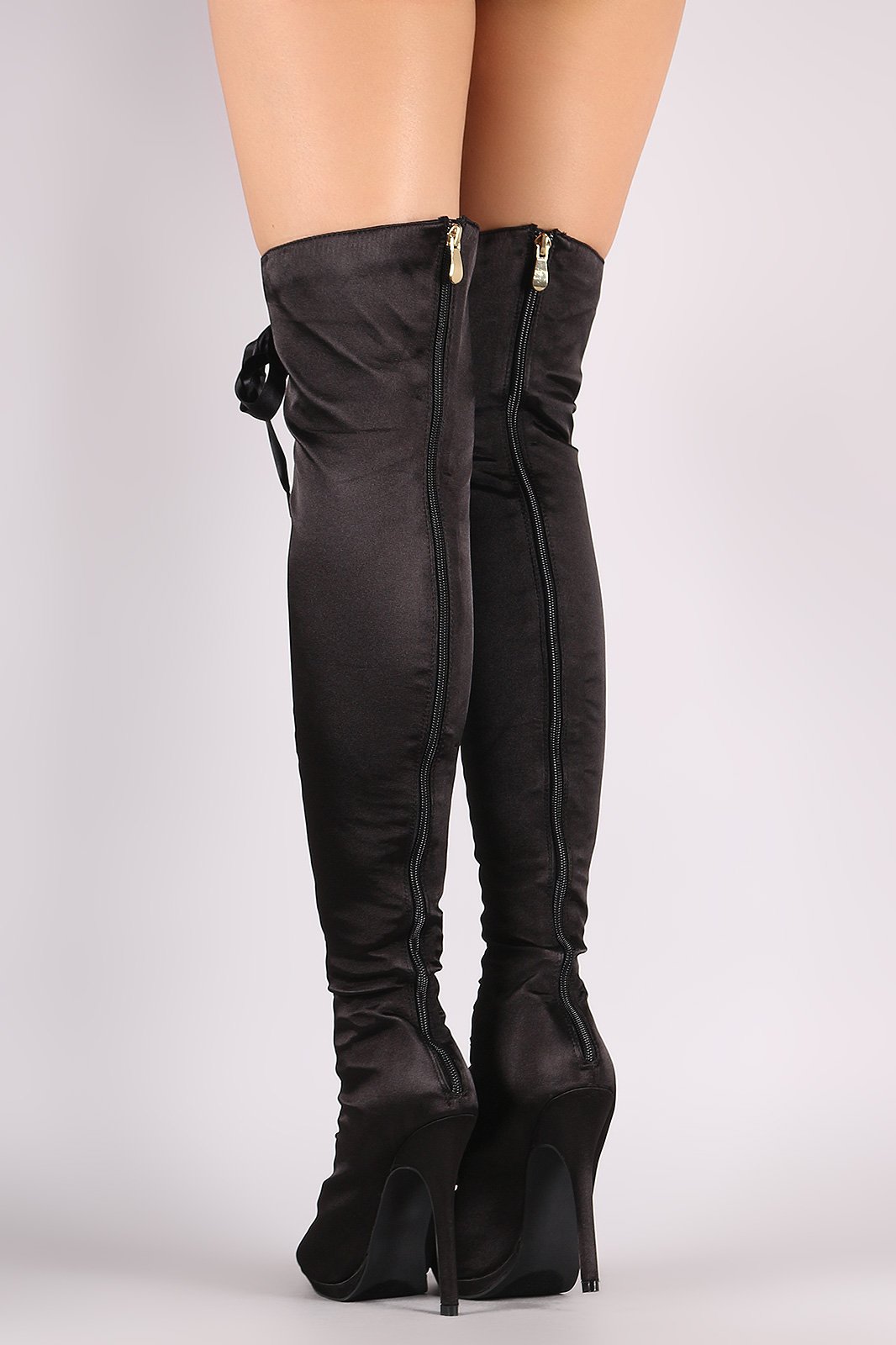 Liliana Satin Peep Toe Lace Up Over-The-Knee Boots - NoveltyOne