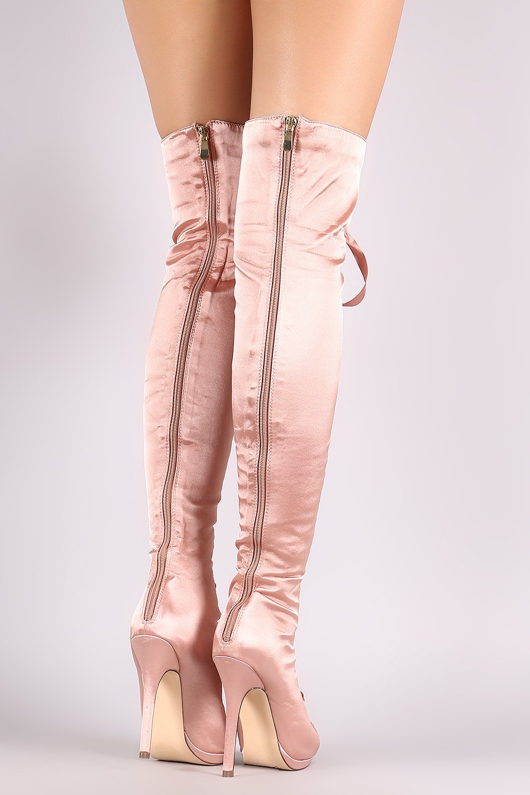 Liliana Satin Peep Toe Lace Up Over-The-Knee Boots - NoveltyOne