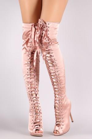 Liliana Satin Peep Toe Lace Up Over-The-Knee Boots - NoveltyOne