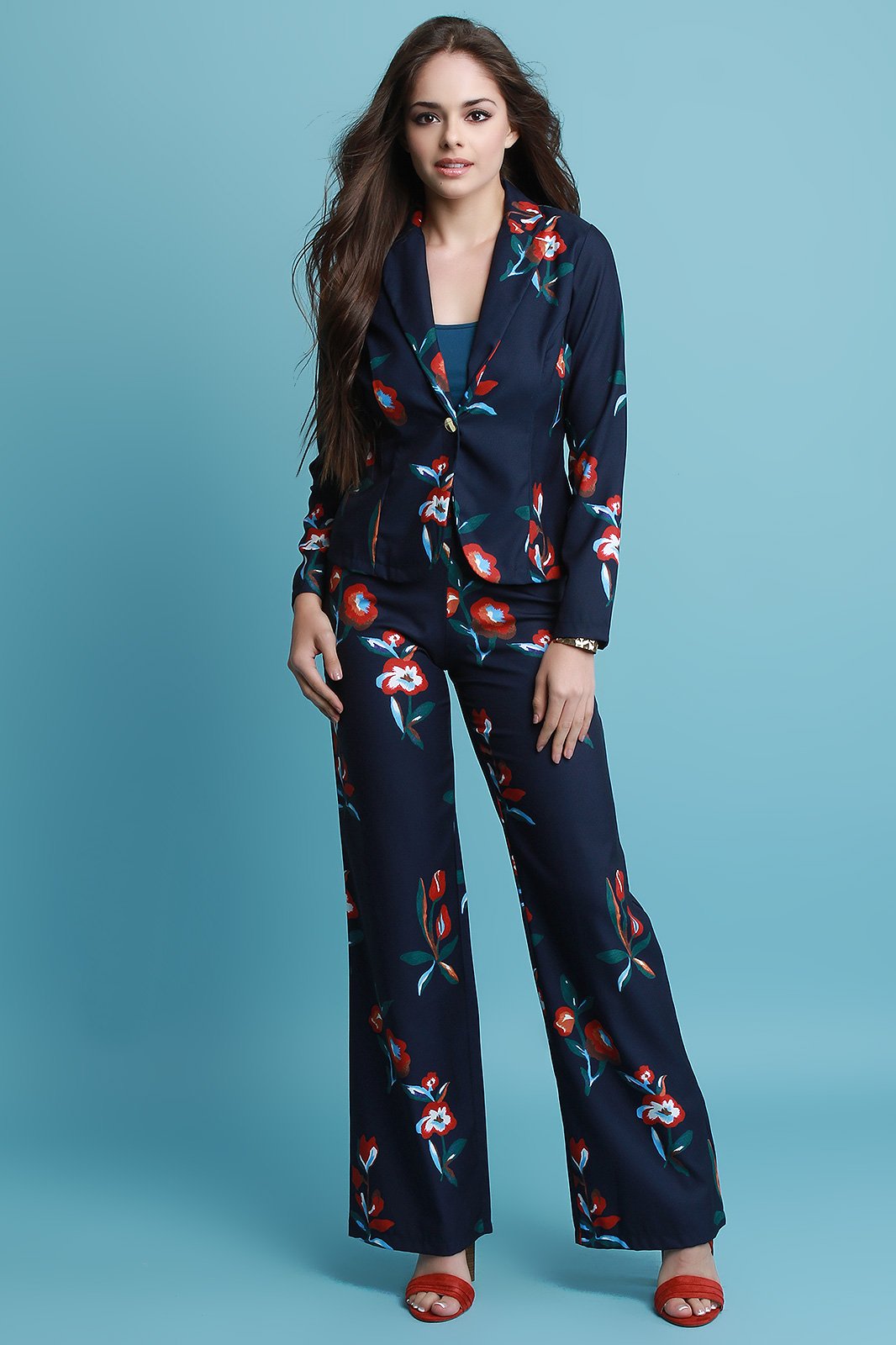Textured Floral Pants Suit Set