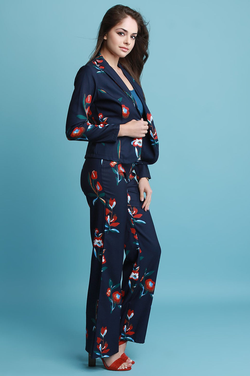 Textured Floral Pants Suit Set
