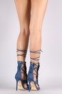 Liliana Denim Fringe Accent Caged Lace Up Stiletto Heel
