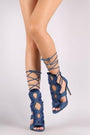 Liliana Denim Fringe Accent Caged Lace Up Stiletto Heel
