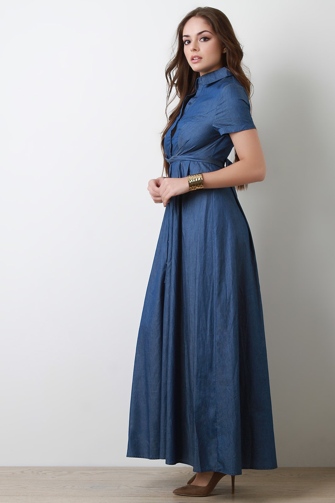 Button-Up Waist Tied Denim Maxi Dress