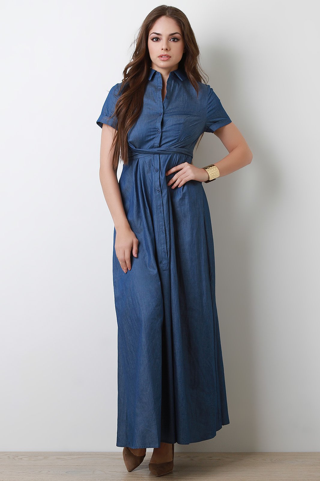 Button-Up Waist Tied Denim Maxi Dress