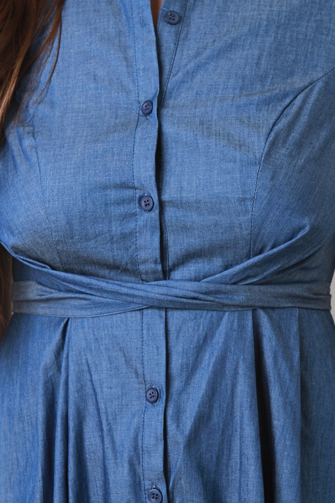 Button-Up Waist Tied Denim Maxi Dress