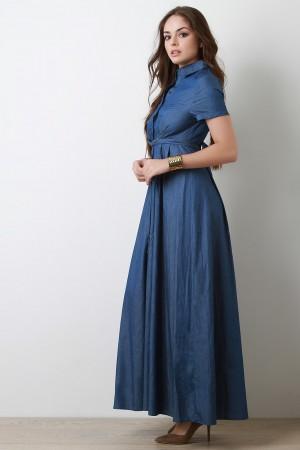 Button-Up Waist Tied Denim Maxi Dress