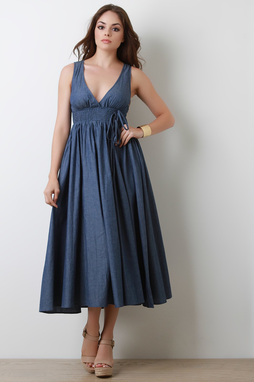 Smock Empire A-Line Denim Midi Dress
