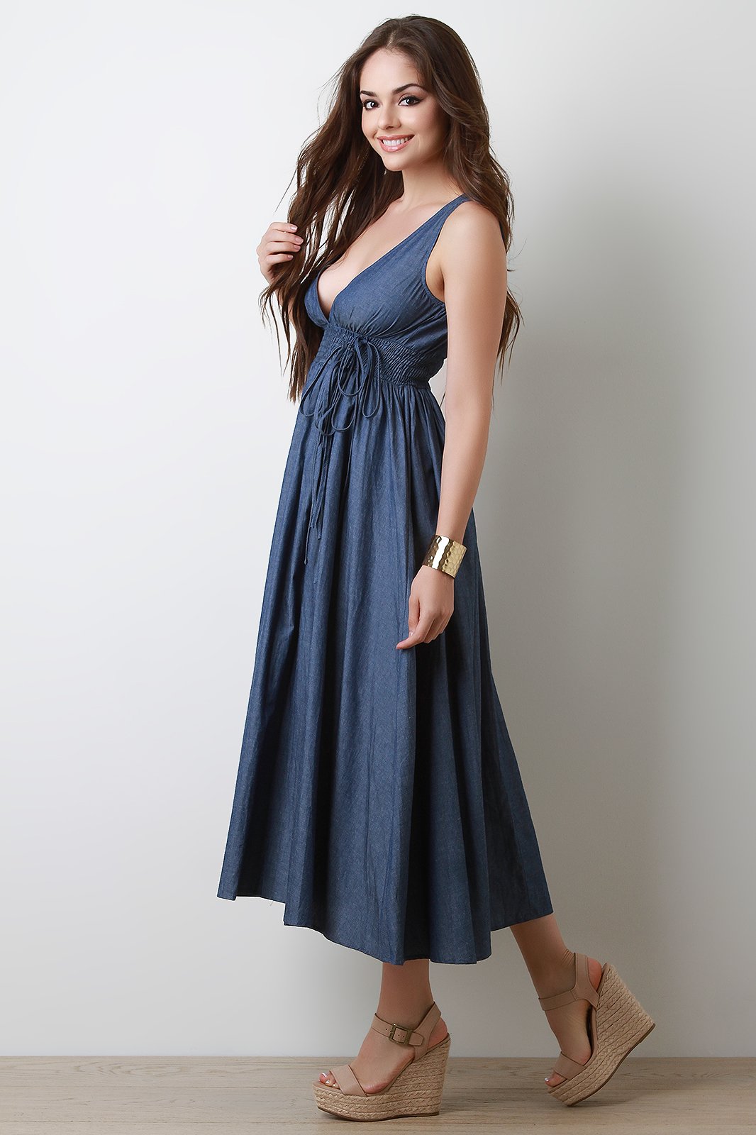 Smock Empire A-Line Denim Midi Dress
