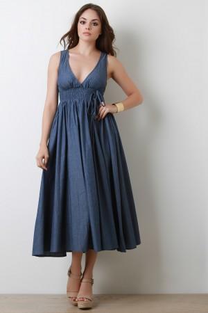 Smock Empire A-Line Denim Midi Dress