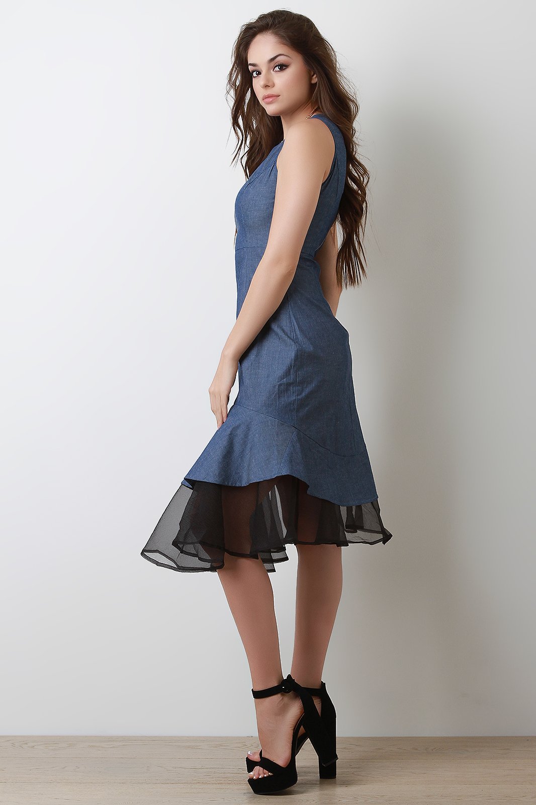 Mesh Mermaid Hem Denim Dress