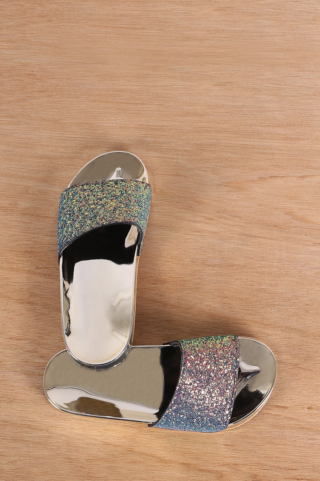 Bamboo Encrusted Iridescent Glitter Open Toe Slide Sandal