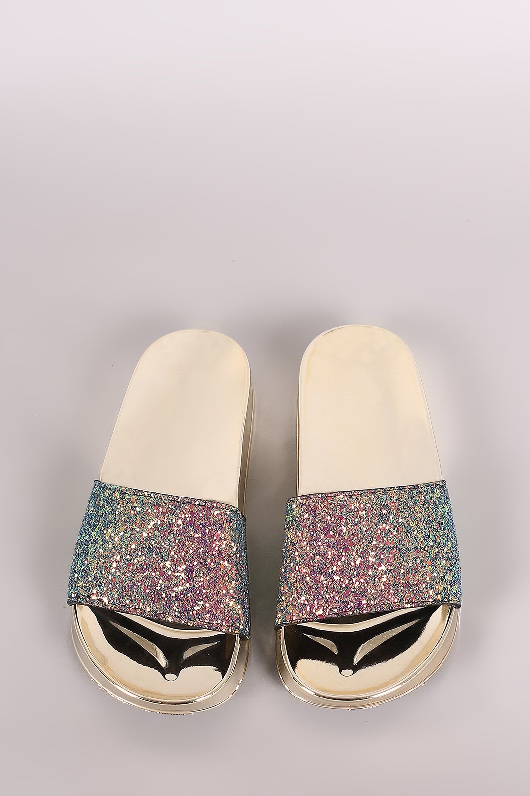 Bamboo Encrusted Iridescent Glitter Open Toe Slide Sandal