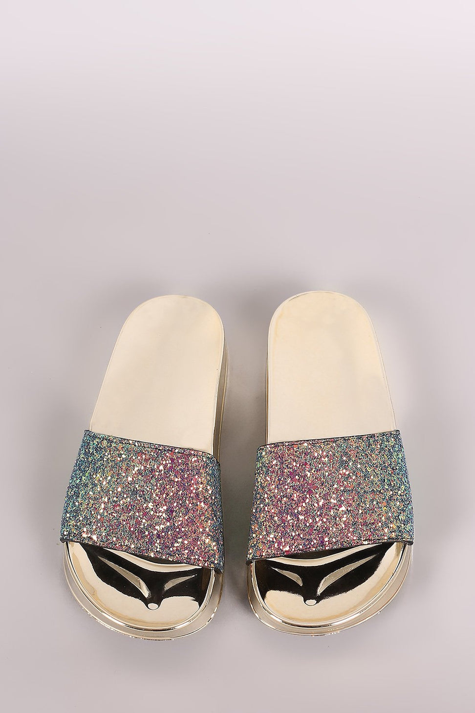 Bamboo Encrusted Iridescent Glitter Open Toe Slide Sandal