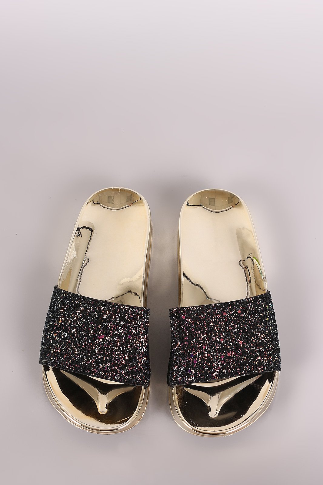 Bamboo Encrusted Iridescent Glitter Open Toe Slide Sandal