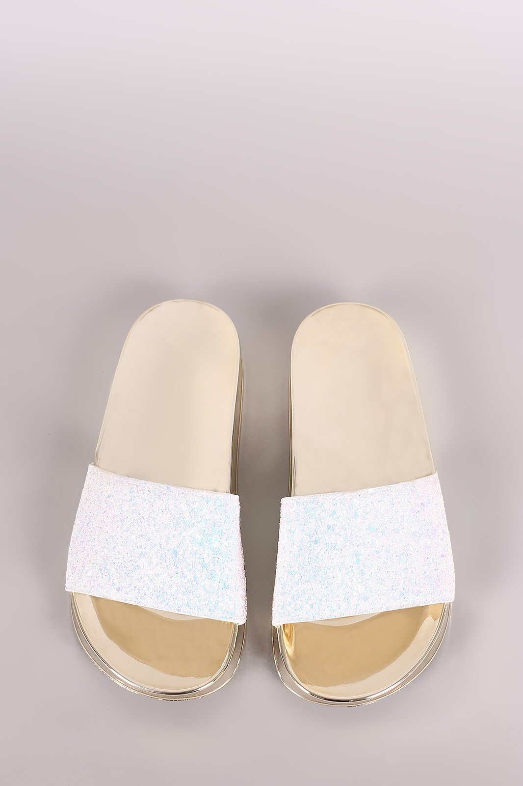 Bamboo Encrusted Iridescent Glitter Open Toe Slide Sandal