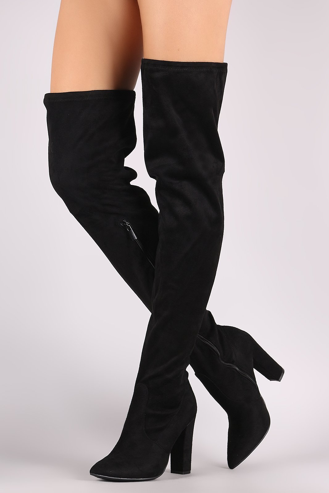 Bamboo Suede Pointy Toe Chunky Heeled Over-The-Knee Boots
