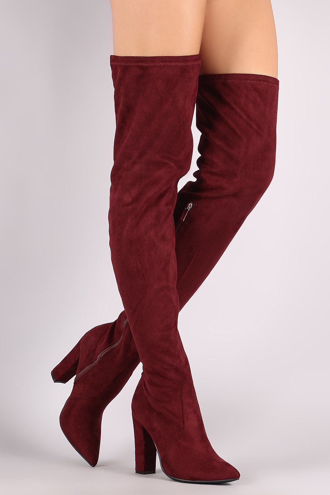 Bamboo Suede Pointy Toe Chunky Heeled Over-The-Knee Boots