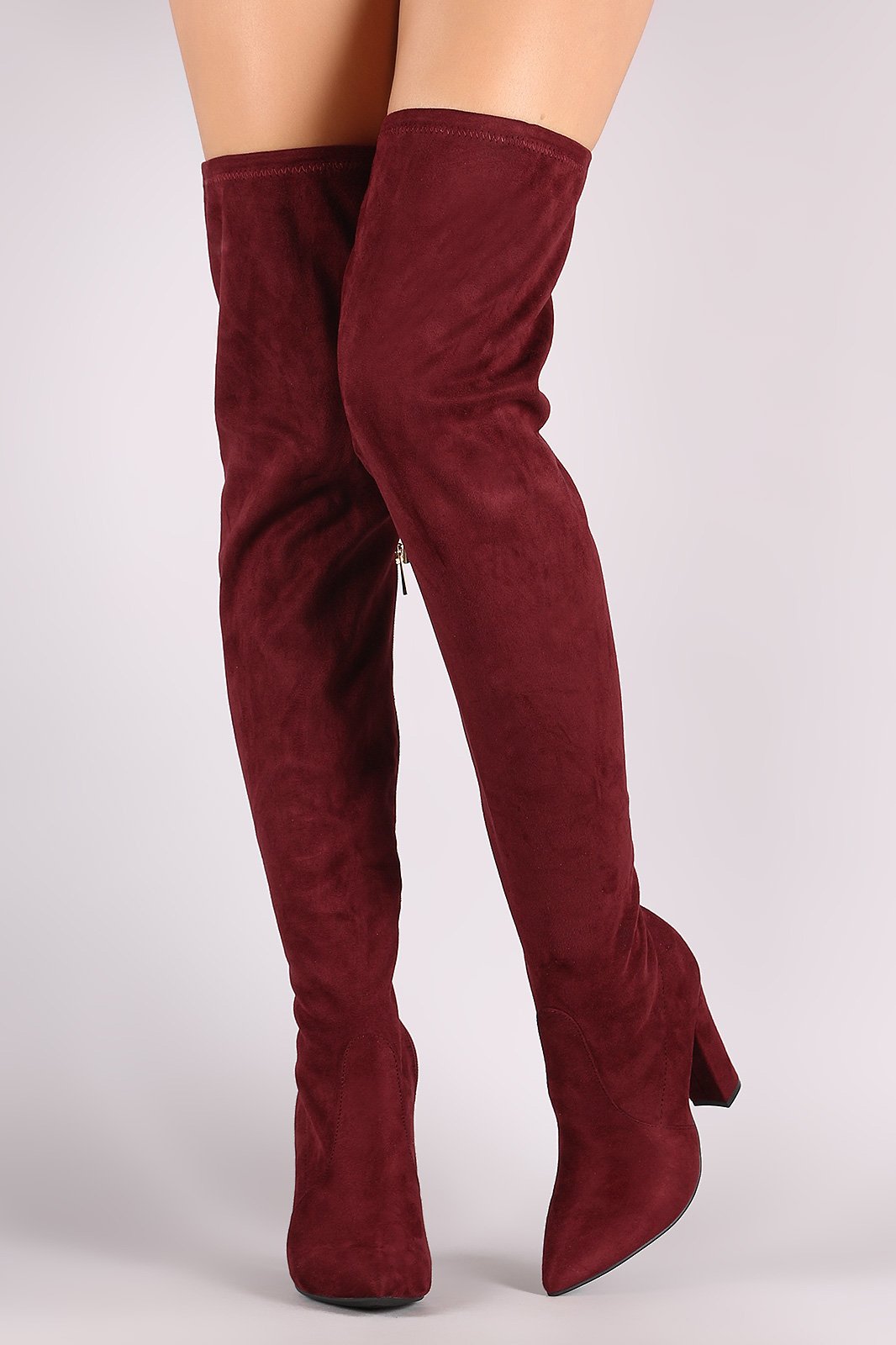 Bamboo Suede Pointy Toe Chunky Heeled Over-The-Knee Boots