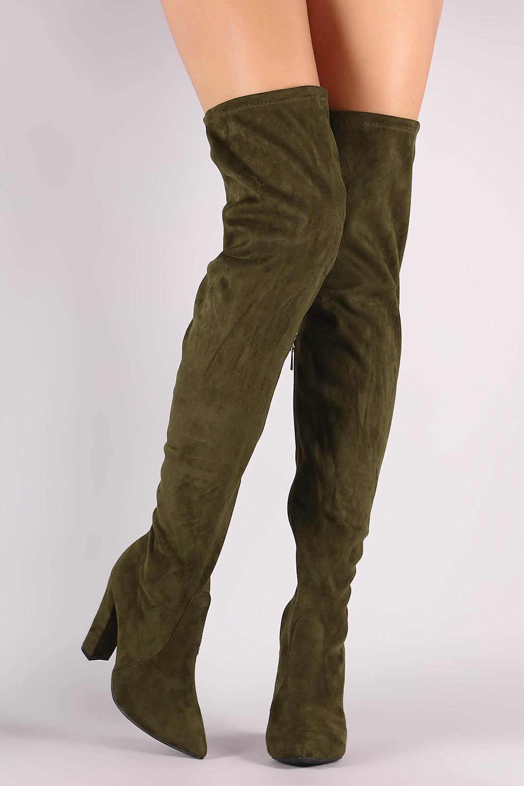 Bamboo Suede Pointy Toe Chunky Heeled Over-The-Knee Boots