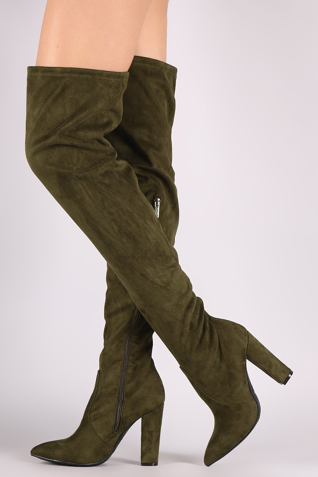 Bamboo Suede Pointy Toe Chunky Heeled Over-The-Knee Boots