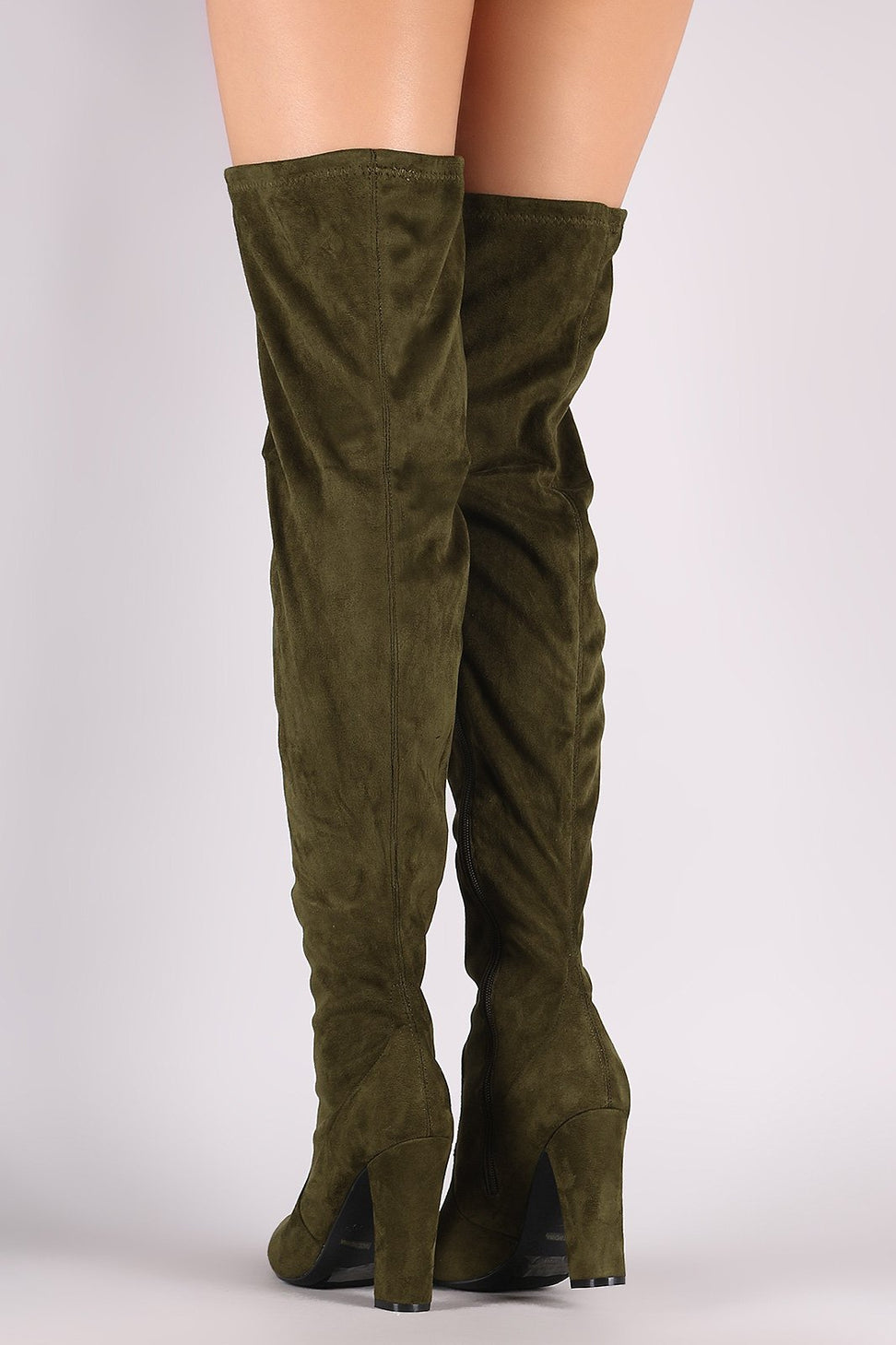 Bamboo Suede Pointy Toe Chunky Heeled Over-The-Knee Boots